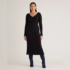 Quince Cotton Cashmere Ribbed Long Sleeve V-Neck Midi Dress Black Small NWT New